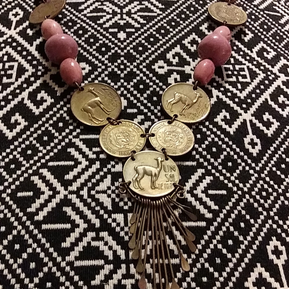 Vintage Peruvian llama Coin necklace
